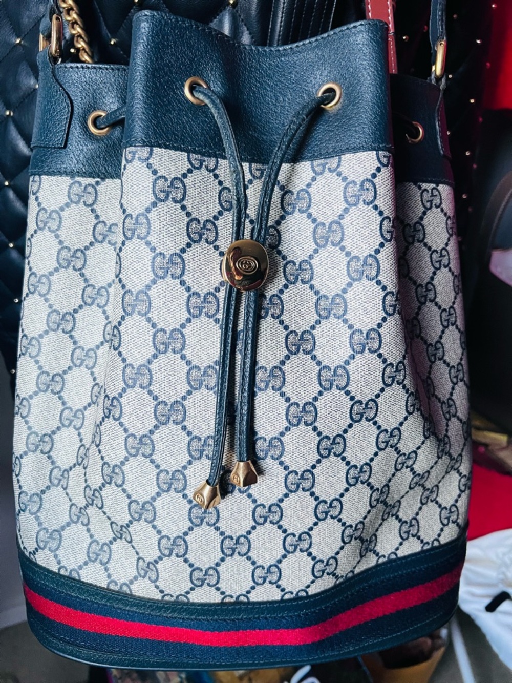 Gucci Blue GG Canvas Drawstring Bucket Bag with Red Accent